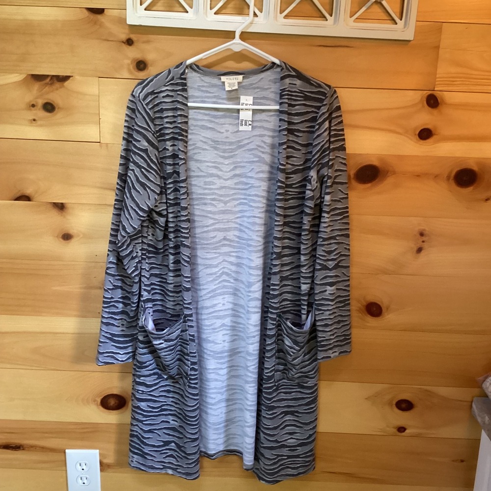 Yelete Womens Zebra Print Open Front Longline Cardigan Duster Gray Black L NWT